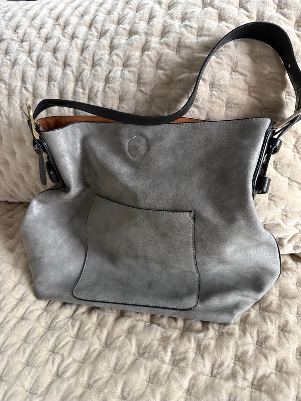 Gray Shoulder Tote Bag with Front Pocket